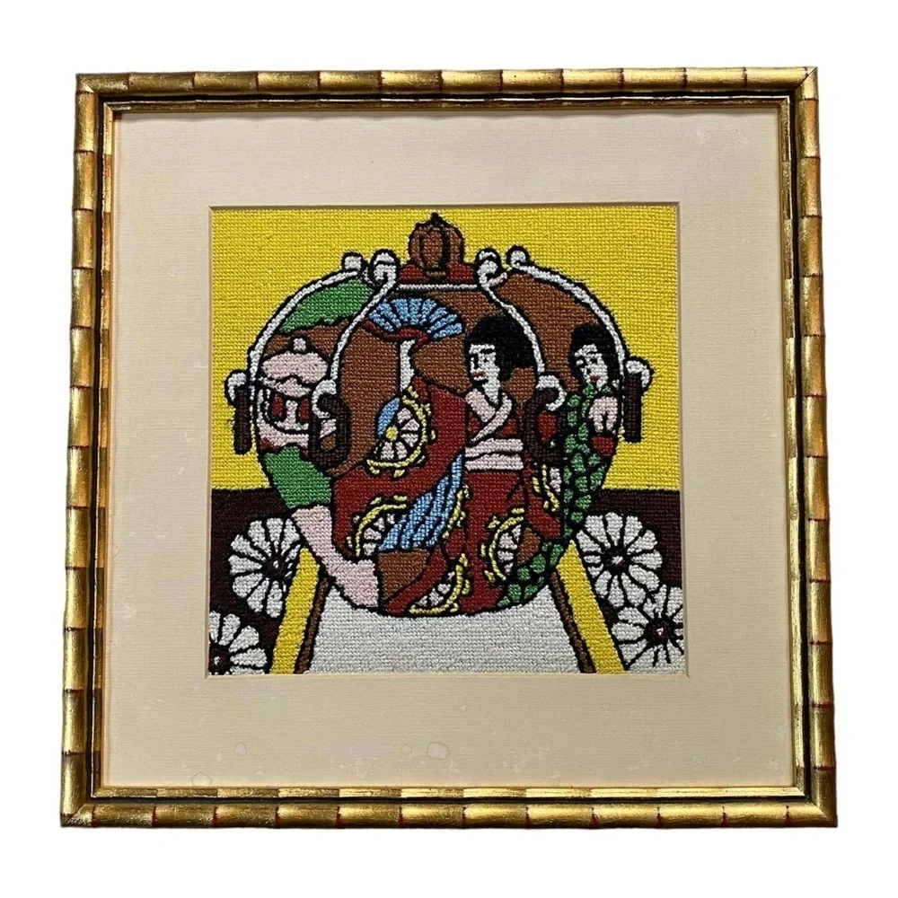 Vintage Cross Stitch Framed Japanese Artwork